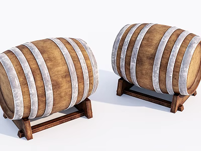Decorative Wooden Barrels With Metal Hoops On Sturdy Wooden Stands 3d model