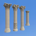 Four Roman Columns On Blue Background Tall Intricate Top Carvings Middle Floral Patterns Shorter Simple Capital