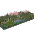 Flower Bed and Flower Pot with Pink Purple White Flowers and Green Grass