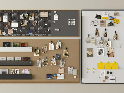 Creative Wall Decor With Photos Cards Notes And Clips On Cork And Whiteboards 3d model