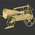 Vintage Rustic Metal Mechanical Vehicle With Large Horn Shaped Part And Ornate Frame Wheels