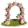 Floral Decor Arch with Pink White Flowers Grass Ground Table Bouquet and Cake