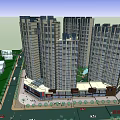 Modern High Rise Residential Buildings Featuring Commercial Podium And Green Spaces