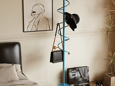 Blue Spiral Coat Rack With Black Hat Handbag In Bedroom With Plant And Wall Art 3d model
