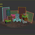 Character And Yellow Creature Near Metal Fence With Barrels Crates And Black Machine