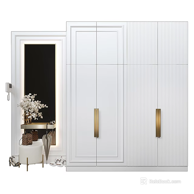 Elegant Modern White Shoe Cabinet Design With Brass Handles Mirror And Floral Vase 3d model 