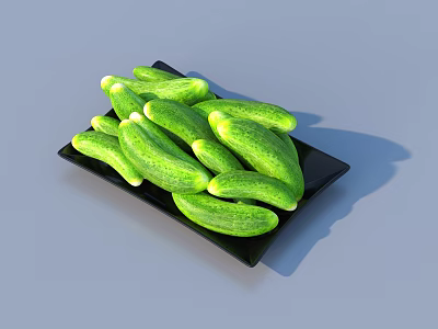 Organic Fresh Green Cucumbers Arranged on Black Plate Against Gray Background 3d model