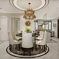 Dining and Living Room Interior Design With Round Table White Chairs Golden Chandelier Circular Rug