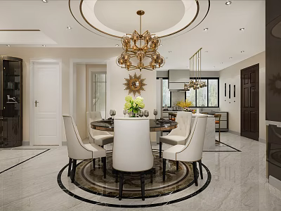 Dining and Living Room Interior Design With Round Table White Chairs Golden Chandelier Circular Rug 3d model