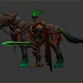 Armored Warrior With Green Crown Holding Sword And Mythical Horse With Decorative Saddle