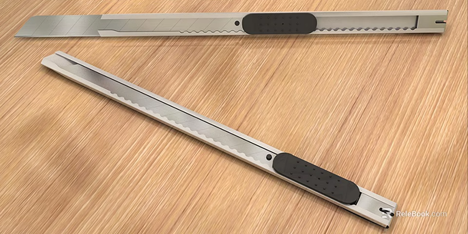 Stainless Steel Utility Knives With Serrated Blades And Black Handles On Wooden Table 3d model 