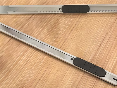 Stainless Steel Utility Knives With Serrated Blades And Black Handles On Wooden Table 3d model