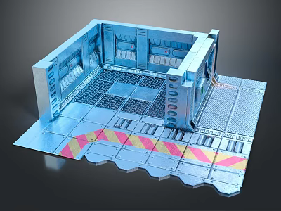 Spacecraft Interior Module With Metal Grid Floor And Red Yellow Warning Stripes Astronaut Workspace Design 3d model