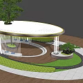 Circular Pergola With Curved Yellow Edge Glass Columns And Bonsai Tree In Lawn