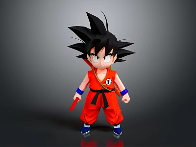 Anime Game Character Goku With Orange Outfit Black Spiky Hair Blue Wristbands And Red Staff 3d model