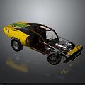 Yellow Custom Car with Red Frame Exposed Engine Open Top and Rusty Large Wheels