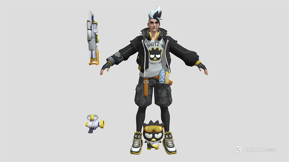 Stylish Character With White Hair Black Jacket And Small Yellow Creature Companion 3d model 