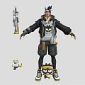 Stylish Character With White Hair Black Jacket And Small Yellow Creature Companion 3d model