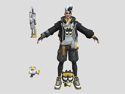 Stylish Character With White Hair Black Jacket And Small Yellow Creature Companion 3d model
