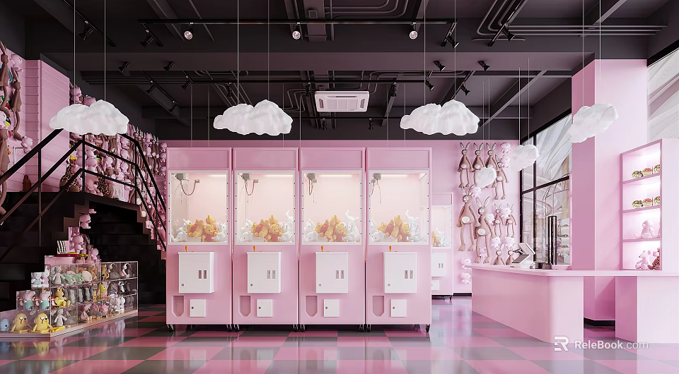 Pink Shopping Mall Store With Claw Machines Cloud Shaped Pendant Lights Pink Counter Checkered Floor 3d model 