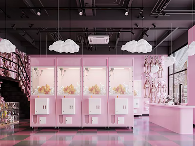Pink Shopping Mall Store With Claw Machines Cloud Shaped Pendant Lights Pink Counter Checkered Floor 3d model