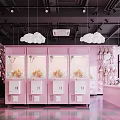 Pink Shopping Mall Store With Claw Machines Cloud Shaped Pendant Lights Pink Counter Checkered Floor