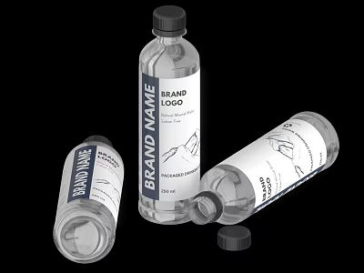 Transparent Beverage Bottles With Brand Name Label in Standing and Lying Positions 3d model