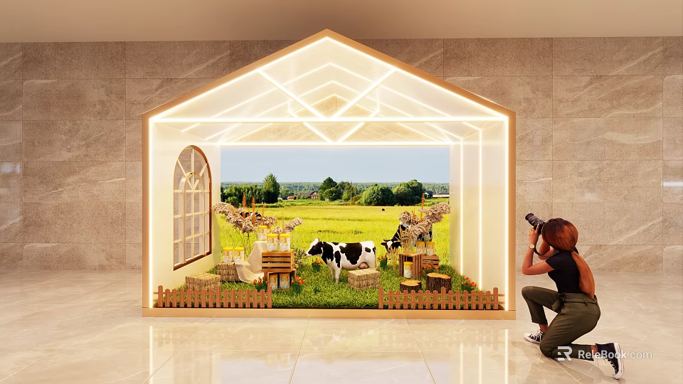House Shaped Display Frame With Rural Scene Cows Windmill Wooden House And Person Photographing 3d model 