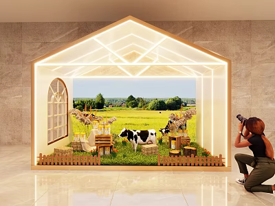 House Shaped Display Frame With Rural Scene Cows Windmill Wooden House And Person Photographing 3d model