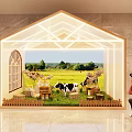 House Shaped Display Frame With Rural Scene Cows Windmill Wooden House And Person Photographing