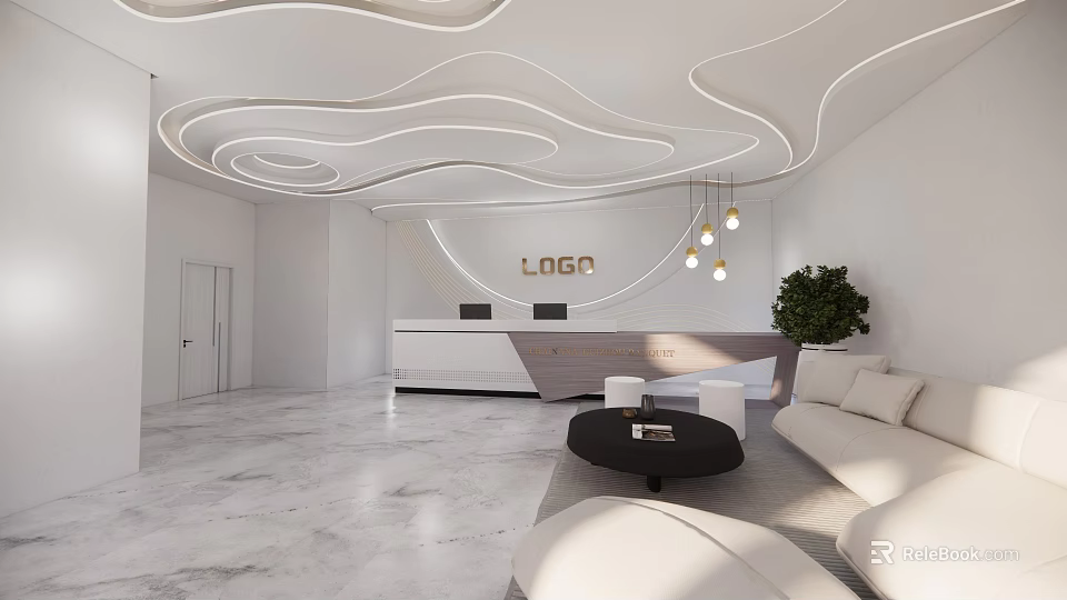 Modern Hotel Lobby with Curved Ceiling Reception Desk Hanging Lights Sofa Seating and Green Plant 3d model 