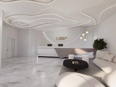 Modern Hotel Lobby with Curved Ceiling Reception Desk Hanging Lights Sofa Seating and Green Plant 3d model
