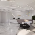 Modern Hotel Lobby with Curved Ceiling Reception Desk Hanging Lights Sofa Seating and Green Plant
