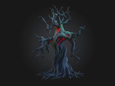 Mysterious Withered Tree With Twisted Trunk Branches And Red Glowing Section On Dark Background 3d model