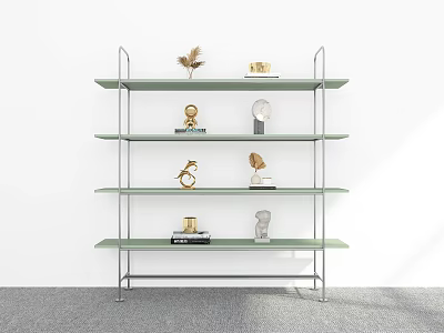Green Metal Shelf With Multiple Layers Displaying Decorative Sculptures And Plants 3d model