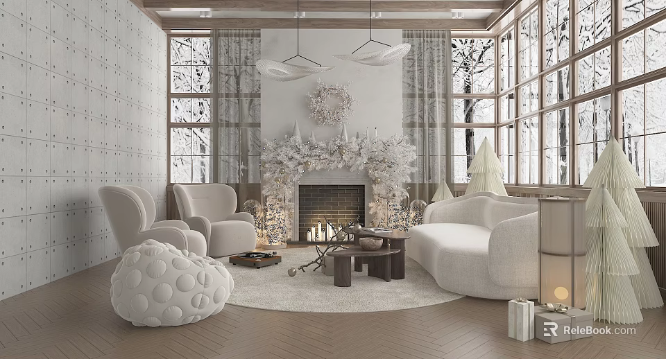 Cozy Winter Living Room With Fireplace Large Windows And Comfortable Seating 3d model 