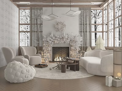 Cozy Winter Living Room With Fireplace Large Windows And Comfortable Seating 3d model