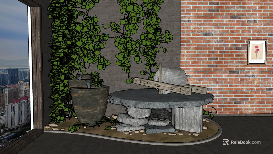 Charming Garden Ornament with Green Vine Plants Stone Basin and Brick Wall 3d model 