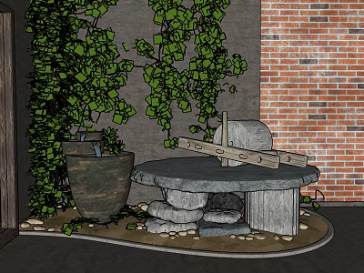 Charming Garden Ornament with Green Vine Plants Stone Basin and Brick Wall 3d model