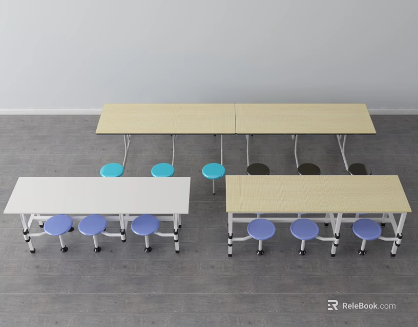 Dining Table and Stool Set with Rectangular Tops Multiple Tables and Blue Purple Wheeled Seats 3d model