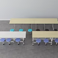 Dining Table and Stool Set with Rectangular Tops Multiple Tables and Blue Purple Wheeled Seats 3d model