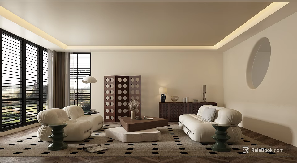 Modern Minimalist Living Room Interior With White Sofa Coffee Table And Patterned Rug 3d model 
