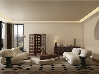 Modern Minimalist Living Room Interior With White Sofa Coffee Table And Patterned Rug 3d model