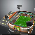 Modern Football Stadium with Green Pitch Orange Stands and Floodlights