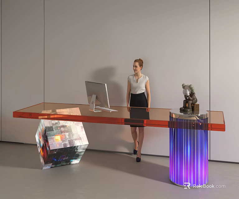 Modern Store Front Desk With Orange Glass Top Female Staff Computer Monitor And Colorful Cube 3d model 