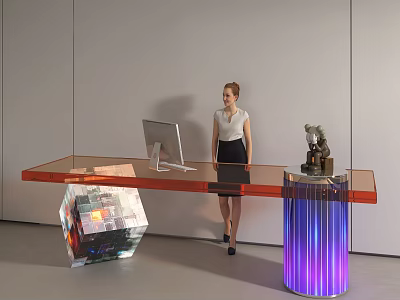 Modern Store Front Desk With Orange Glass Top Female Staff Computer Monitor And Colorful Cube 3d model