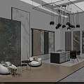 Modern Interior Showroom With Large Decorative Paintings Marble Panels White Armchairs And Pendant Lights