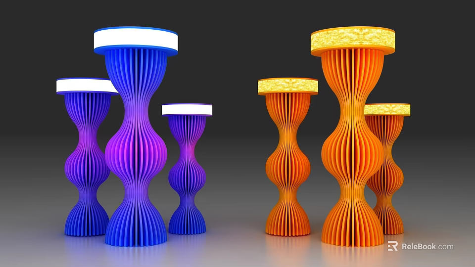 Modern Commercial Display Stands with Blue Purple Orange Spiral Structure and White Yellow Illuminated Top 3d model 