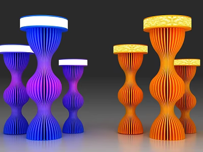 Modern Commercial Display Stands with Blue Purple Orange Spiral Structure and White Yellow Illuminated Top 3d model