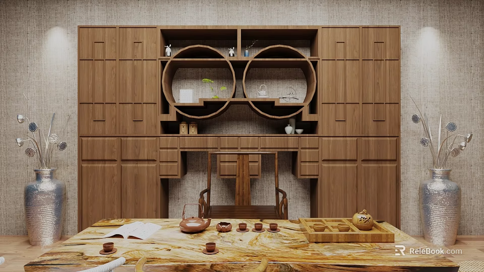 Wooden Storage Cabinet Shelf with Circular Cutouts and Lower Desk for Traditional Tea Space 3d model 